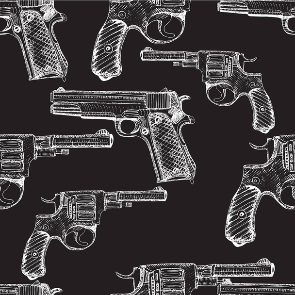 Hand drawn vector seamless pattern. Pistols and revolvers. - Vector, Image
