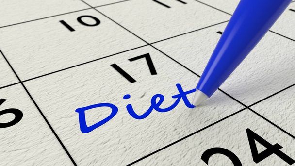 Entrada del calendario de papel de dieta y pluma azul
 - Foto, Imagen