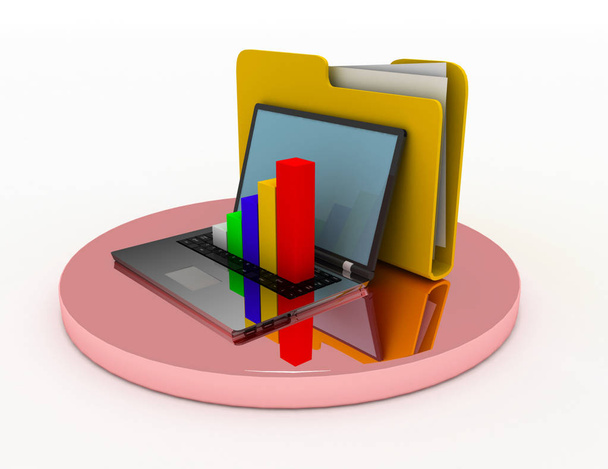 laptop-val diagram és reszelő dosszié. 3D-s illusztráció - Fotó, kép