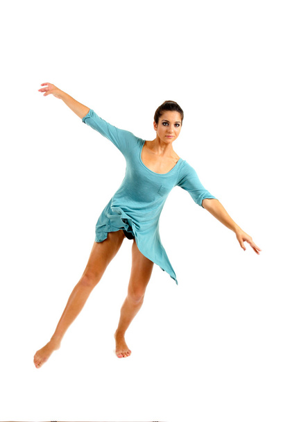young beautiful dancer in a blue dress isolated on white - Zdjęcie, obraz