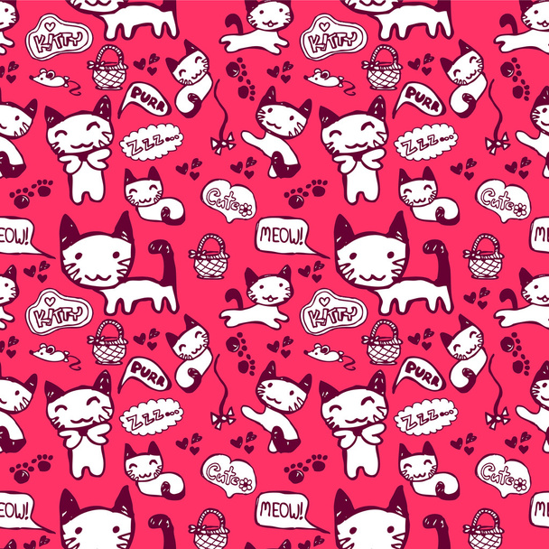 Hand drawn seamless pattern with cute kitties - Vector, Image