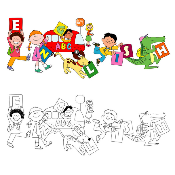the fun children holding english cards - Vector, Image