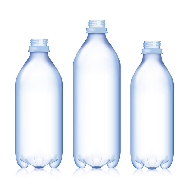 Puste butelki. Ustawić realistyczny puste plastikowe niebieską butelką wody. Makiety do projektu. Tło szablonu - Wektor, obraz