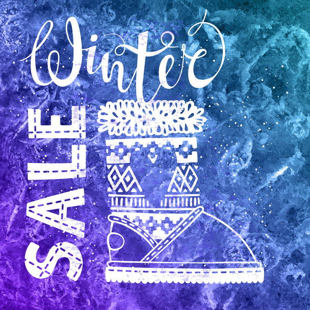 Winter text brush lettering and boots with heart on watercolor background. Seasonal shopping concept design for the banner or label. - Vector, Image