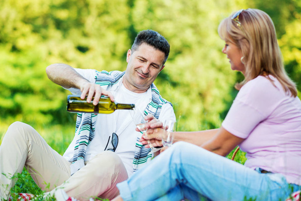 Paar genießt Weißwein beim Picknick - Foto, Bild