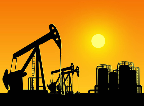 Αντλίες πετρελαίου στο ηλιοβασίλεμα - Διάνυσμα, εικόνα