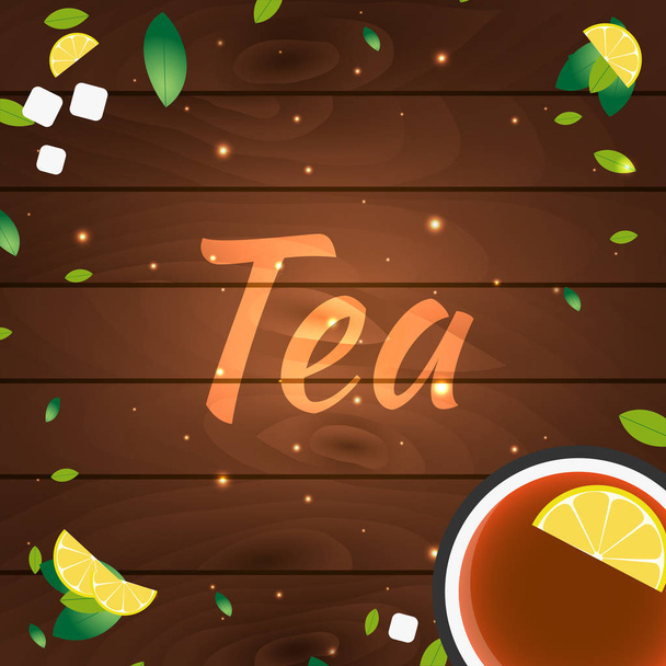 Tea time. Cup of tea with lemon. Wooden background. Vector illustration. - Wektor, obraz