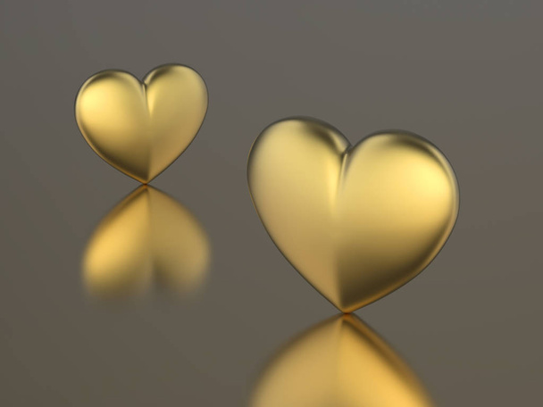 3D illustration two golden hearts on a grey background - Foto, afbeelding