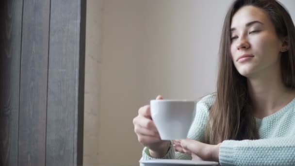 Beautiful girl sitting at a table and drinking tea. Relaxing. - Séquence, vidéo
