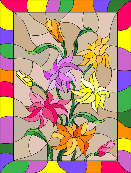 Illustration im Glasmalereistil mit Blüten, Knospen und Lilienblättern - Vektor, Bild