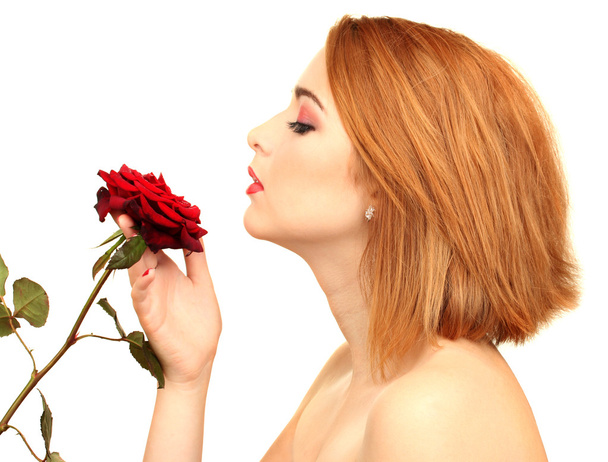 Portrait of sexy young woman with red rose - Foto, Bild