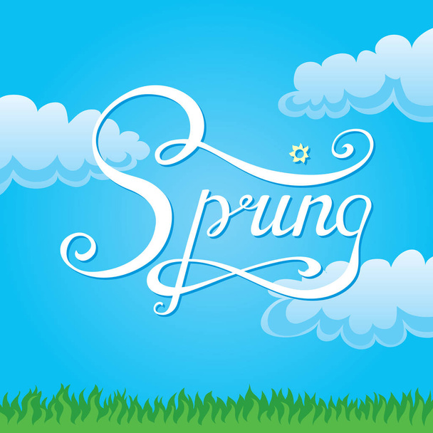 Каллиграфическая рукописная весна расположена на фоне неба, травы и облаков
. - Вектор,изображение