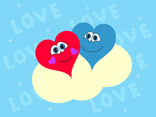Two romantic hearts on a cloud - Vector, Image