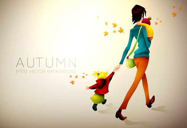 Herbst Hintergrund | Frau wacht eilig mit ihren Kindern auf - Vektor, Bild