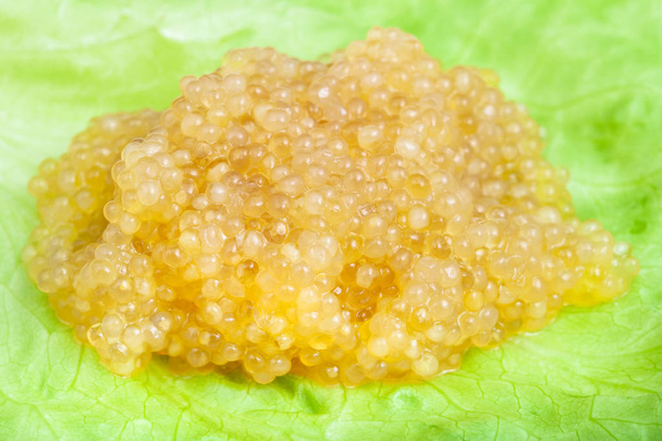 handful of salty caviar of pike fish on green leaf - Photo, Image