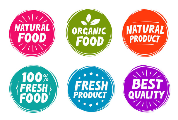 Vector set colorful labels for food, nutrition. Collection icons - Vetor, Imagem