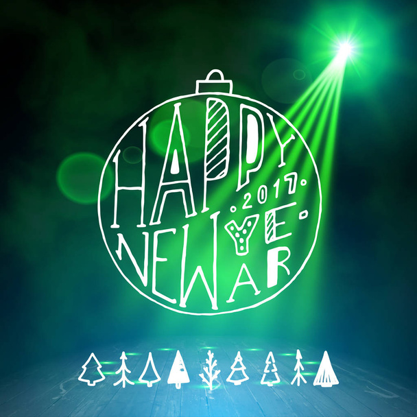 Show background. Happy New Year Holiday Party Brush Script Style Hand lettering. Smoky vector stage interior shining with light from a projector - Vector, Image