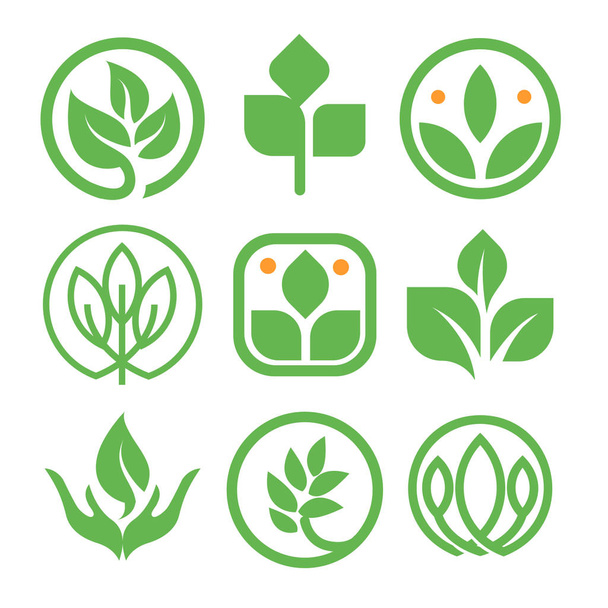 ロゴのコレクションの抽象の緑の色を分離しました。丸い形の自然要素のロゴを設定します。人間の手のアイコンであるリーフします。有機農産の兆候。癒しのハーブ ベクトル イラスト. - ベクター画像
