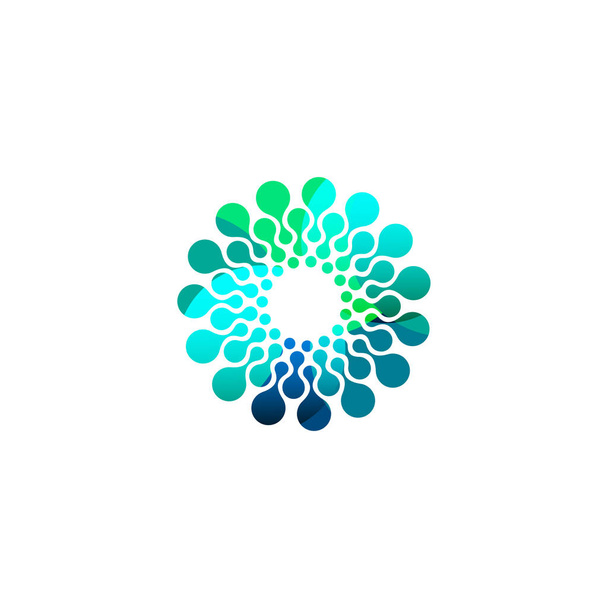 Modello di logo cerchio isolato colorato digitale. Illustrazione astratta stilizzata del fiocco di neve, del fiore o del vettore del sole. Pois segno rotondo
. - Vettoriali, immagini