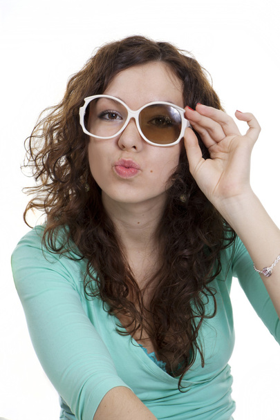 young woman in broken glases has pouted lips - Foto, imagen