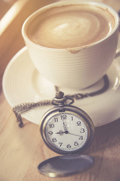 vintage pocket watch with coffee cup - Photo, image