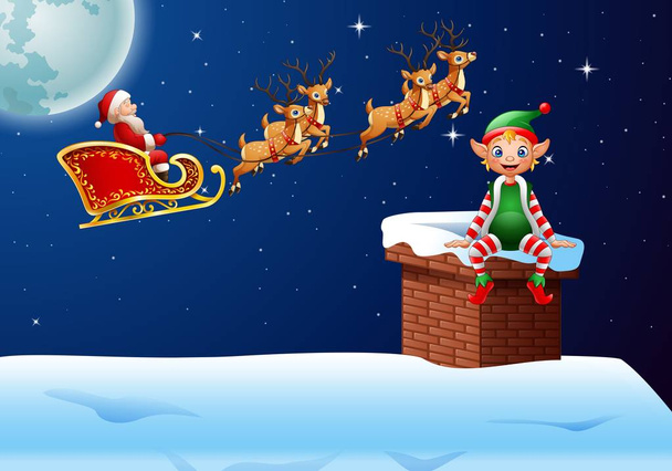 Kerstman rijden zijn rendieren goocheltruc met weinig elf - Vector, afbeelding