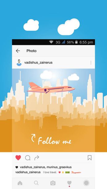 Mobile application and plane flying over the city. - Vecteur, image