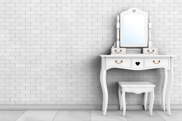 Антикварная спальня тщеславие стол с стулом и зеркалом. 3D-рендеринг
 - Фото, изображение