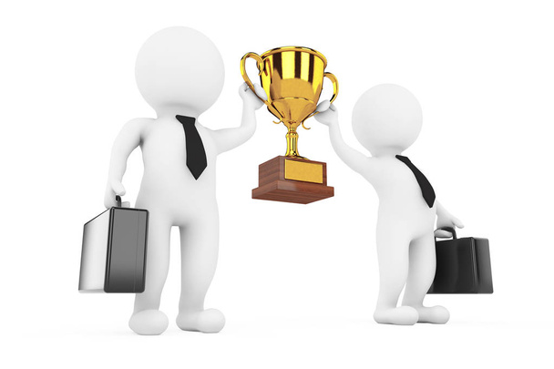 3d Businessmans Personas con un trofeo de oro en las manos. Renderina 3d
 - Foto, imagen