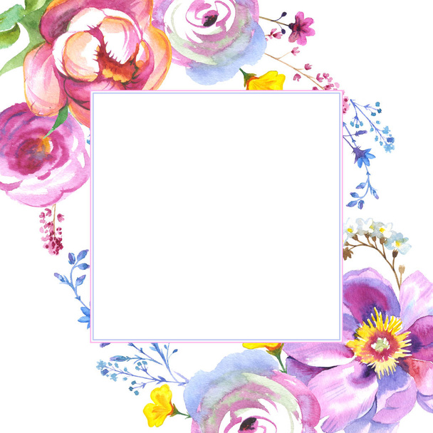 Vadvirág Rózsa virág keret elszigetelt akvarell stílusú - Fotó, kép