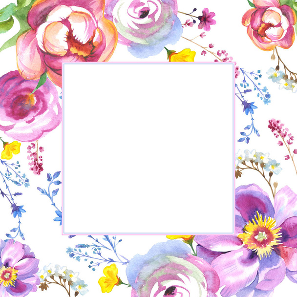 Wildflower rose flower frame in a watercolor style isolated - Photo, Image