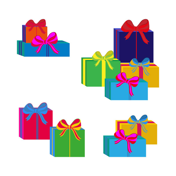 Set of different colorful wrapped gift boxes. Flat design. Beautiful present with bow. Symbol and icon for Christmas gift box. Isolated vector illustration. - Διάνυσμα, εικόνα