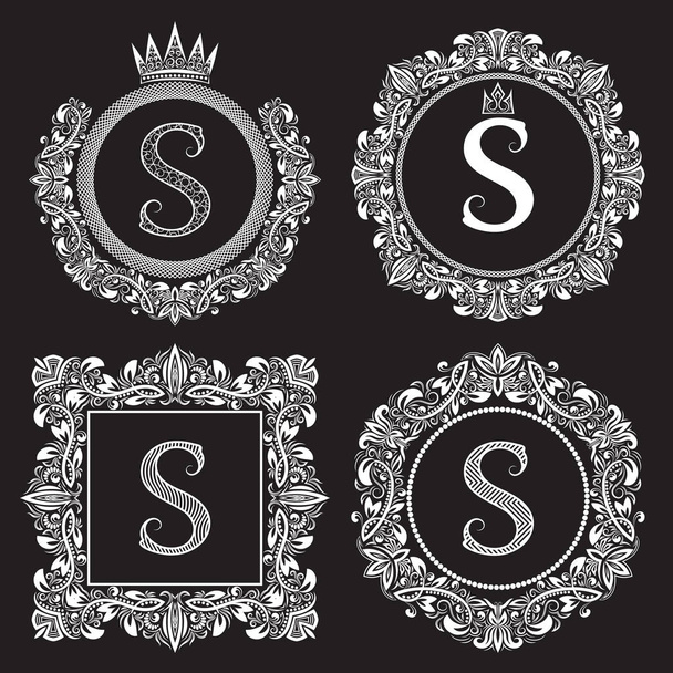 Vintage monograms set of S letter. Heraldic coats of arms in wreaths, round and square frames - Vector, Image