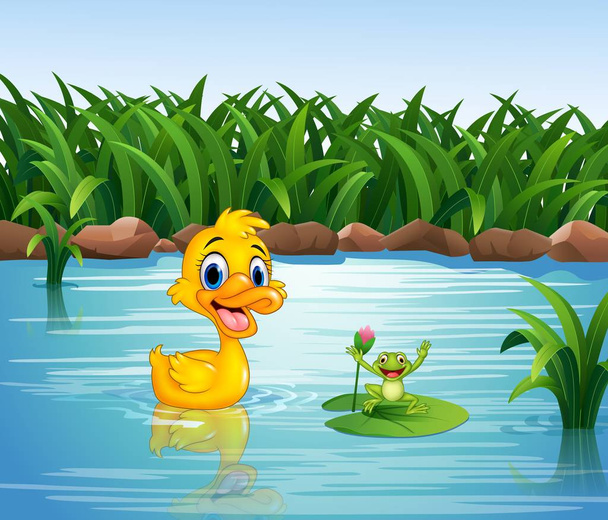 Cartoon funny duck with frog - Vector, Image