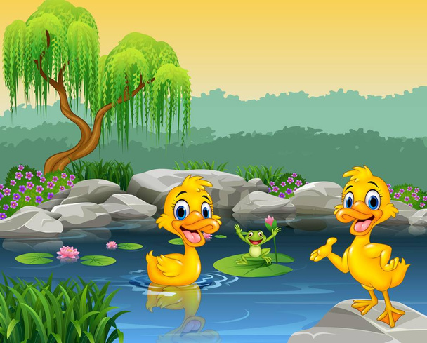 Cute kaczki pływanie na staw i żaba - Wektor, obraz
