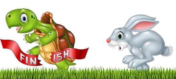 Karikatur einer Schildkröte gewinnt das Rennen gegen einen Hasen - Vektor, Bild