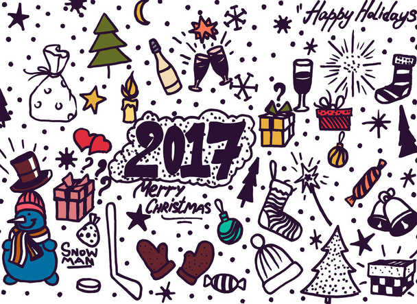 Χέρι Χριστούγεννα σχηματικό σημειωματάριο Doodles-εικονογράφηση σχεδιαστικά στοιχεία σε φόδρα Sketchbook χαρτί φόντο - Φωτογραφία, εικόνα