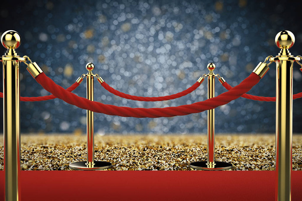 Gouden zuil met touw barrière op rode loper - Foto, afbeelding