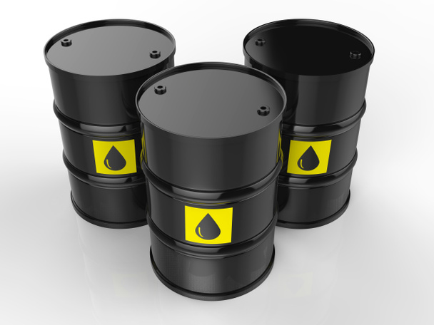 Grupa baryłek ropy naftowej z żółta etykieta - Zdjęcie, obraz