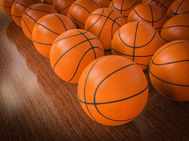 баскетбольні м'ячі на дерев'яній підлозі
 - Фото, зображення