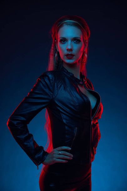 Glamorous woman in leather jacket  - Foto, afbeelding