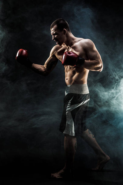 Muscular kickbox or muay thai fighter punching in smoke. - Foto, Imagen