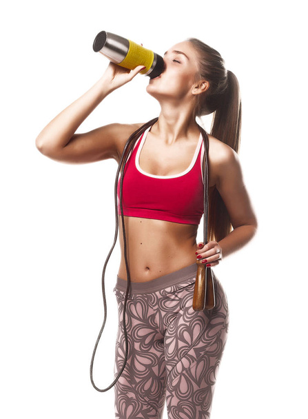 Fitness girl white isolated background - Foto, afbeelding