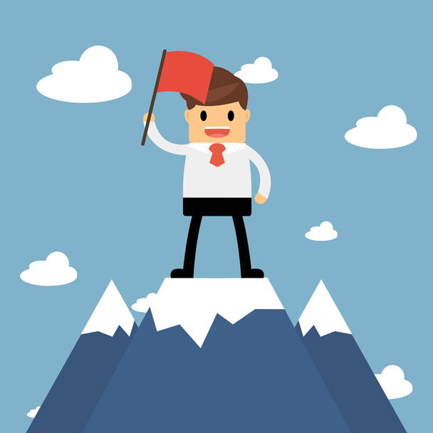 Empresário segurando bandeira no topo da montanha. Conceito de sucesso
 - Vetor, Imagem