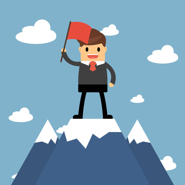 Επιχειρηματίας που κρατά την σημαία στην κορυφή του βουνού. Σχέδιο επιτυχίας - Διάνυσμα, εικόνα