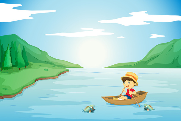 ένα αγόρι, κωπηλασία σε μια βάρκα - Διάνυσμα, εικόνα