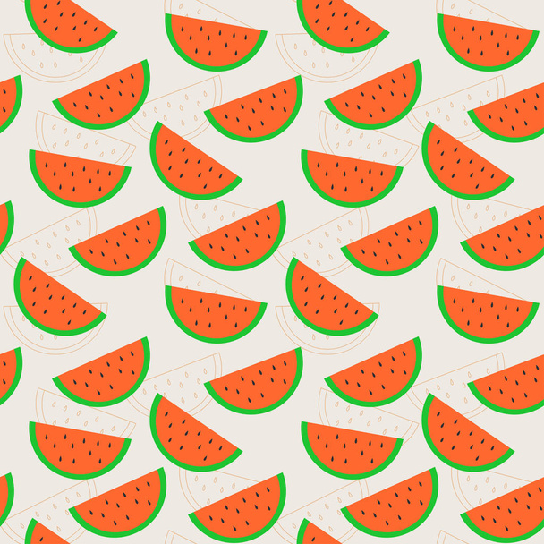 Line color flat seamless background pattern with slices of watermelon. Vector illustration texture for design, wallpaper. Cartoon style. Nature. Food. Vegetarian. Dessert. Ornament. Slice. - Vektor, obrázek