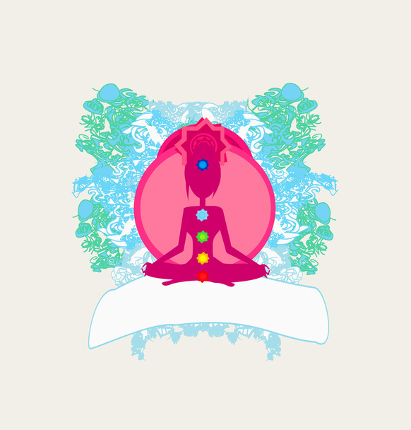 Yoga Lotus Pose. Padmasana mit farbigen Chakra-Punkten. - Vektor, Bild