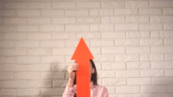 Jeune fille en chemise rose montrer quelque chose par flèche rouge
 - Séquence, vidéo