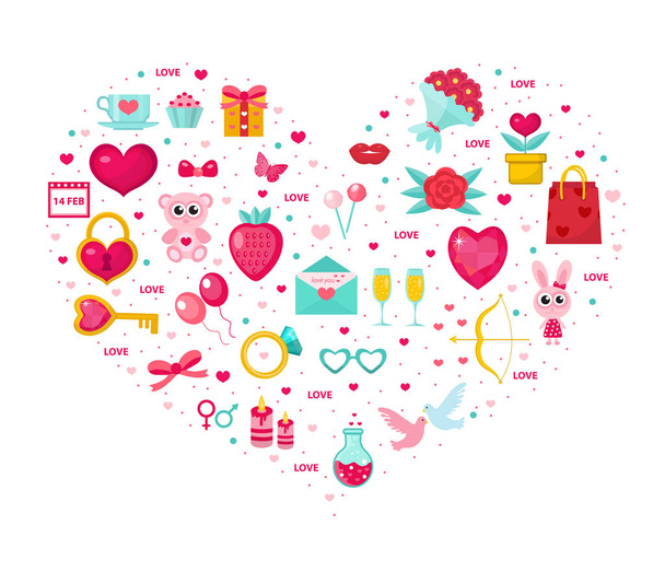 Valentines Day icon set in heart shape. Template for greeting card, poster, flyer. Love, romance collection. Vector illustration. - Vector, Image
